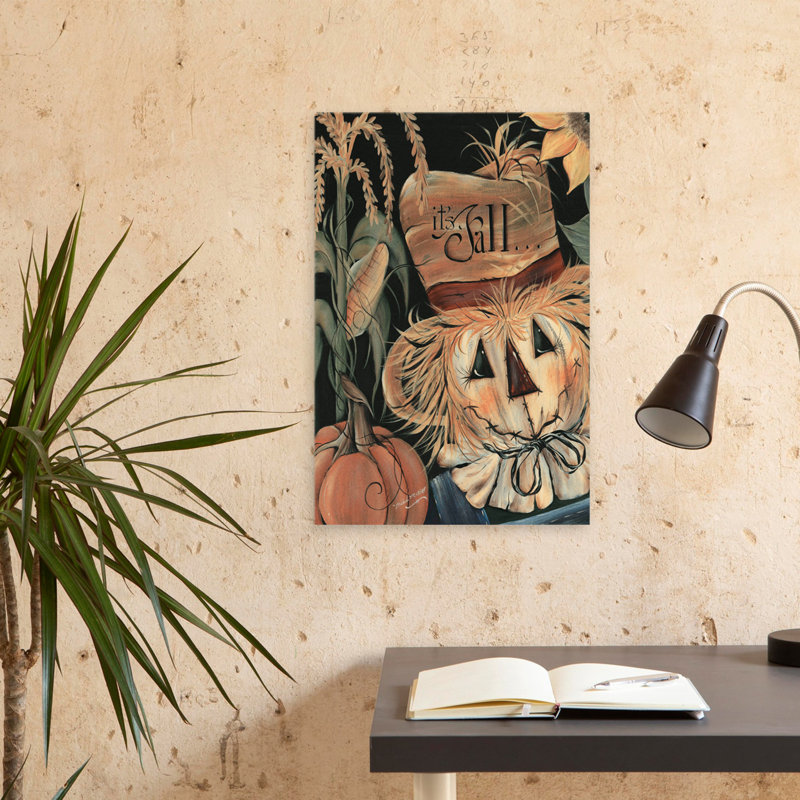 «It's Fall Scarecrow» - Art contemporain d'automne avec citrouille épouvantail, H 16 po x l 24 po