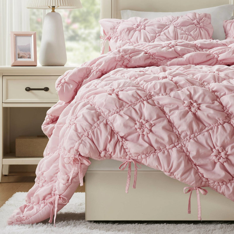 3 pièces d'édredon double / grand, édredon floral texturé, broderie décontractée, douceur nuage, confort toutes saisons, rose lavable à la machine avec respirant et adaptable, nettoyage sans effort