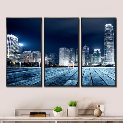 «Blue Hong Kong City Skyline - Cityscape», ensemble d'art mural sur toile encadré