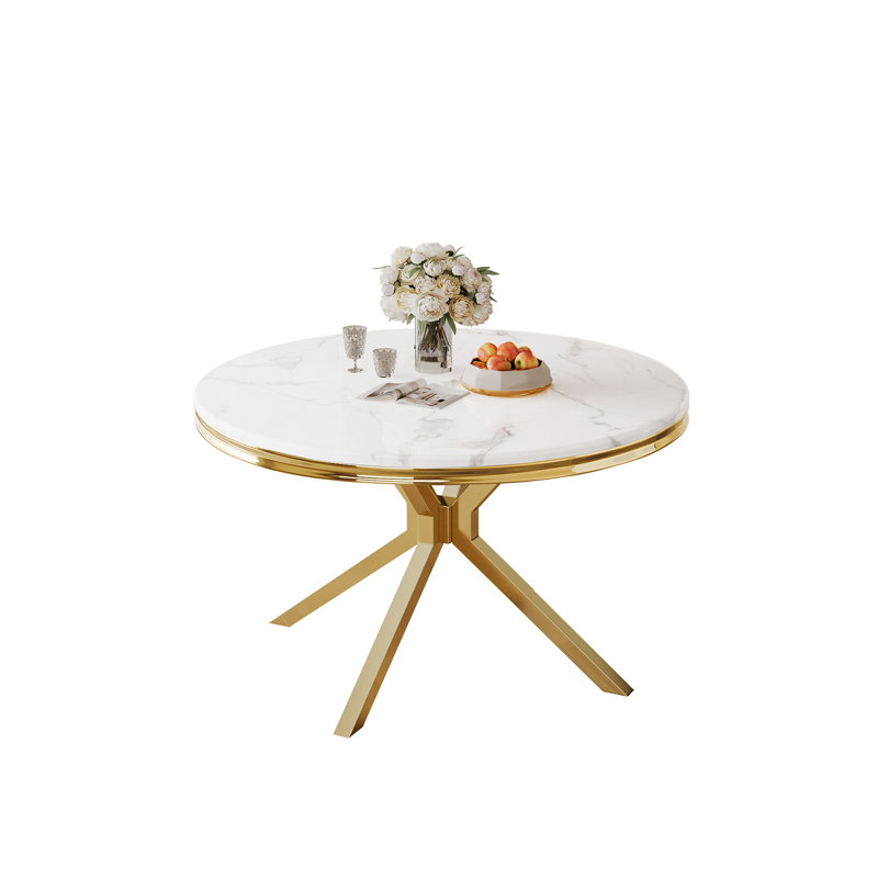 Round Unfinished Marble Top Metal Base Dining Table, White, Gold