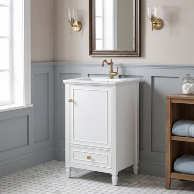 Meuble-lavabo autoportant en bois aggloméré de 20 po avec lavabo en céramique, armoire de rangement et support de rangement blanc