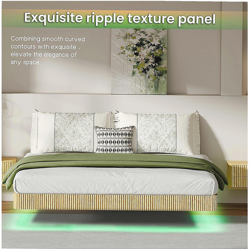 Oak King Floating Bed Frame with LED Lights, Wave Curve Wood Texture Bed with Heavy Duty Metal Slats - No Box Spring Needed.
