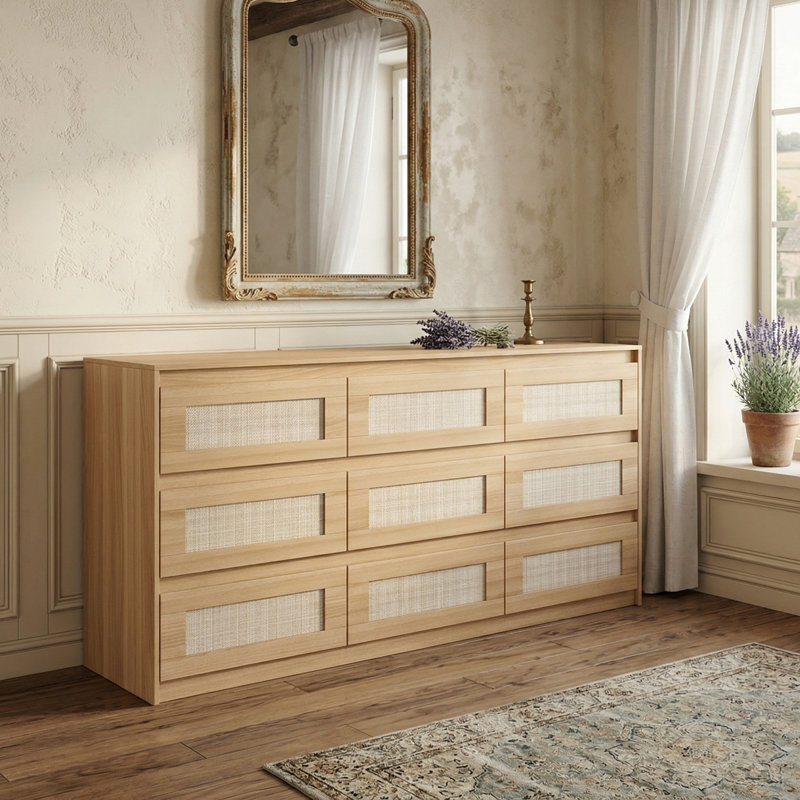 Bryheem 9-Drawer Dresser with Woven Rattan , 62.9"
