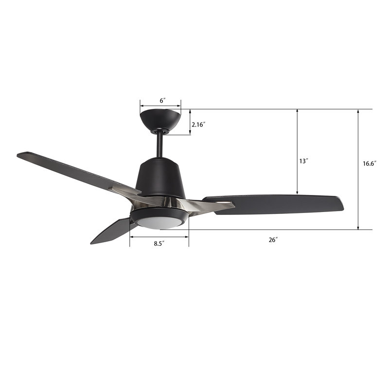 52'' Exton 3 - Blade LED Smart Standard Ceiling Fan with Wall Control and Light Kit Included., Black