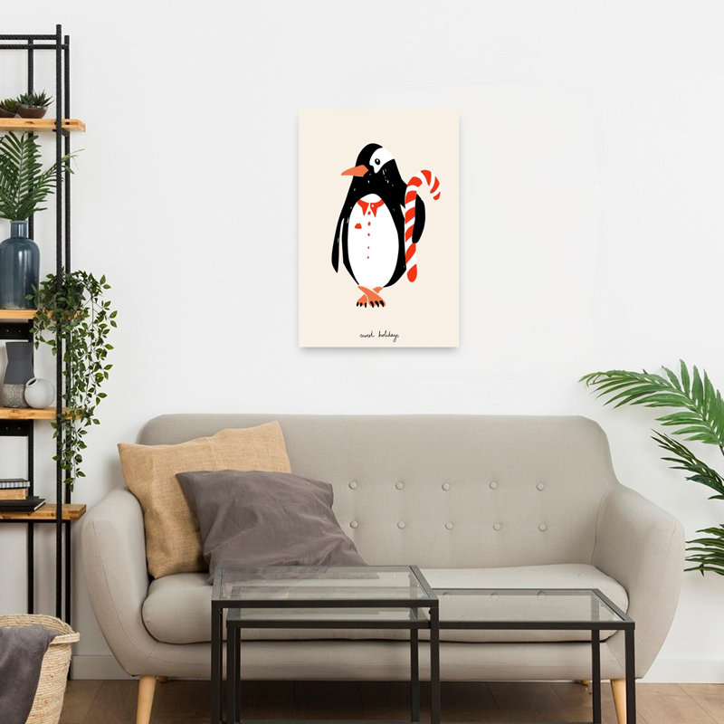 Sweet Holiday Penguin Elegant Playful Whimsical Bird Penguin Winter Wall Art Print 1 Piece Wrapped Canvas Wall Art