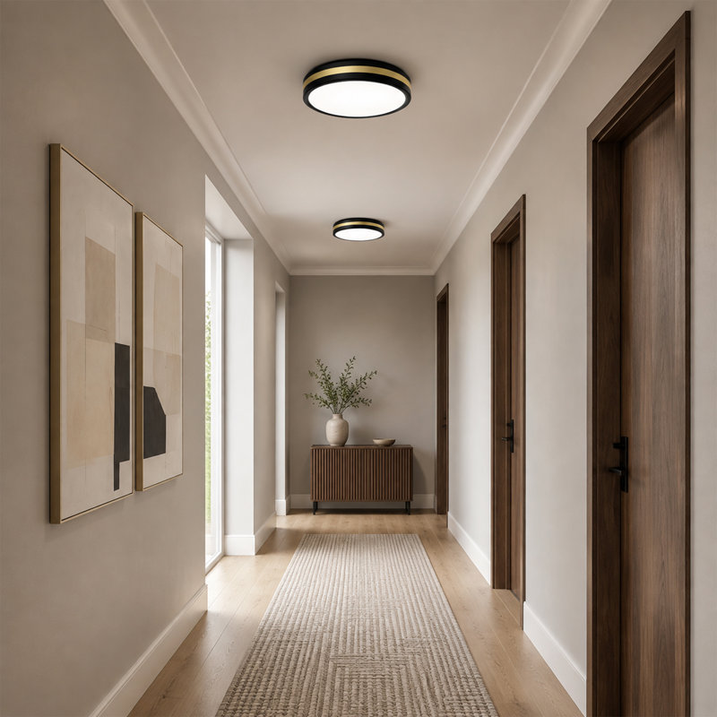 Plafonnier DEL encastré moderne, 5 températures de couleur sélectionnables (2700K à 6500K), finition noire et dorée, profil bas, idéal pour chambre, cuisine ou couloir.