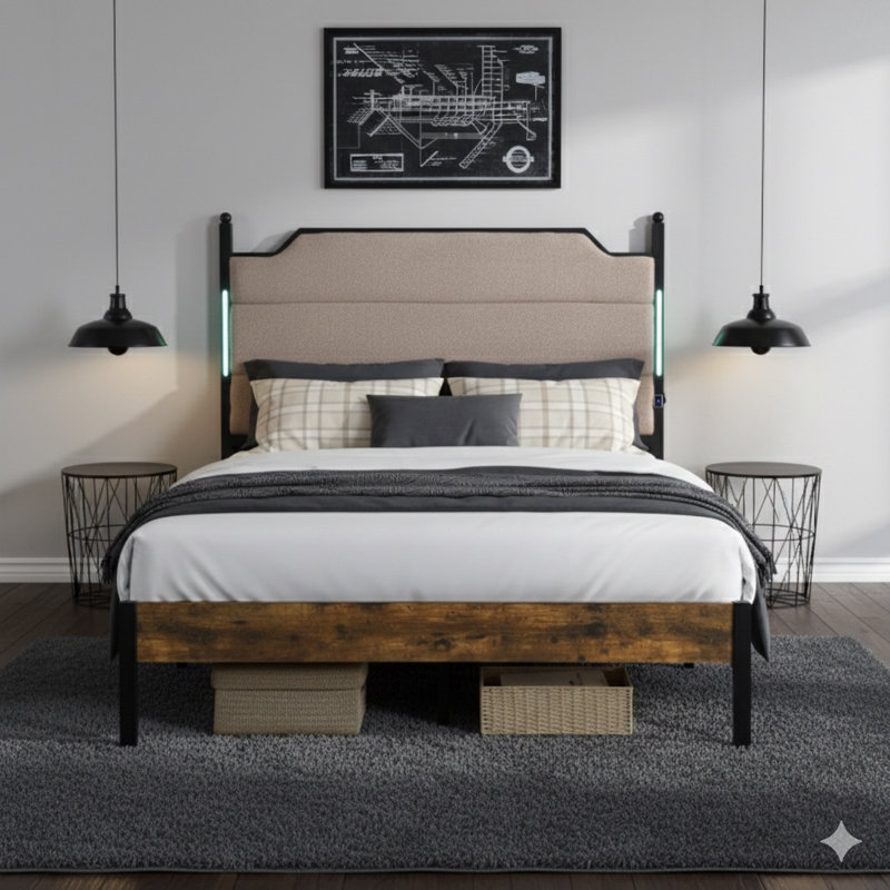 Structure de très grand lit avec une tête de lit tapissier qui comprend des ports de charge et un éclairage à DEL tactile. Offre un rangement sous le lit, fonctionne silencieusement et ne nécessite pas de sommier.