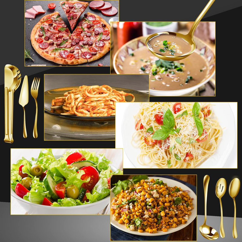 Ensemble d'ustensiles de service 30 pièces en acier inoxydable pour buffet et service de traiteur - comprend des cuillères de service, des cuillères à fentes, des fourchettes, des louches à soupe, des moules à tarte et des pinces
