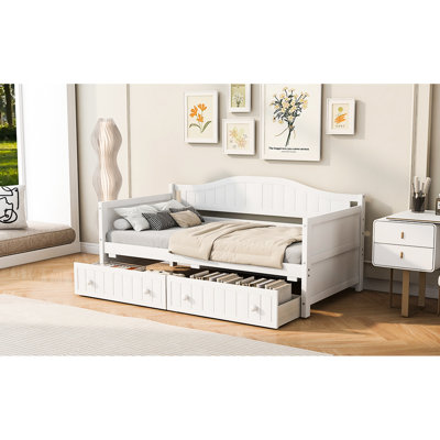 Lit de jour simple en bois blanc, 2 tiroirs de rangement, bois de pin, sans sommier, idéal pour les soirées pyjamas et le rangement dans la chambre à coucher, style traditionnel, articles de tiroirs à structure stable, chambre d'amis de haute qualité ou