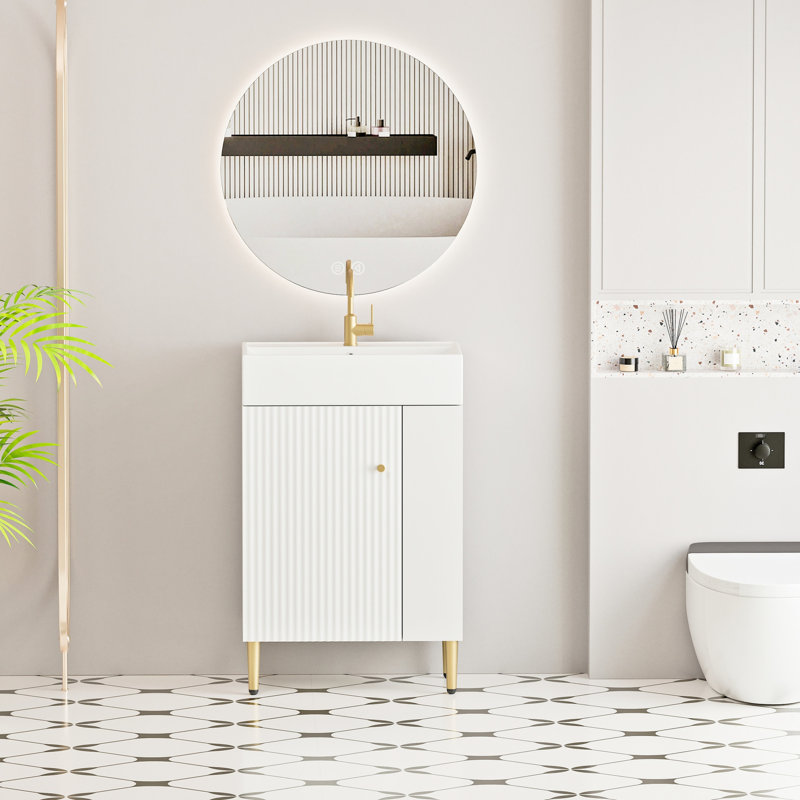 Meuble-lavabo de 21,6 po avec lavabo en céramique, tablette ouverte à droite, finition imperméable 24vb06-21whr, porte de rangement blanche, design élégant