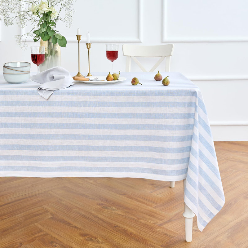 100% Pure Linen Tablecloth -Sorrento Stripe, 120" L x 60" W, Blue/White