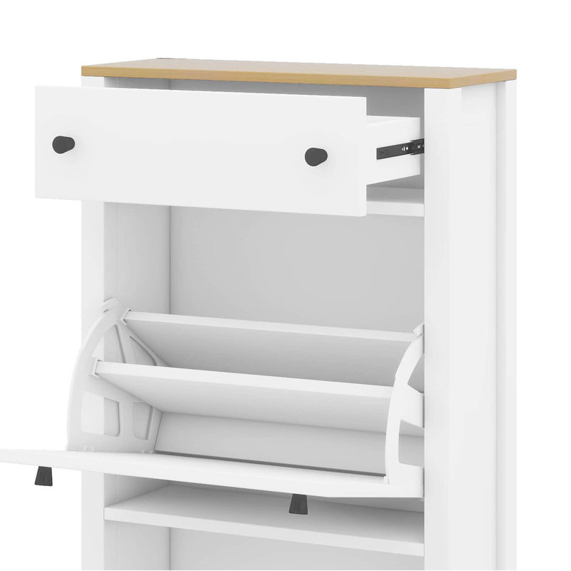Free Standing Shoe Rack With 2 Flip Drawers And Adjustable Panel, Wood Grain Pattern Top Cabinet, Functional Entryway Organizer