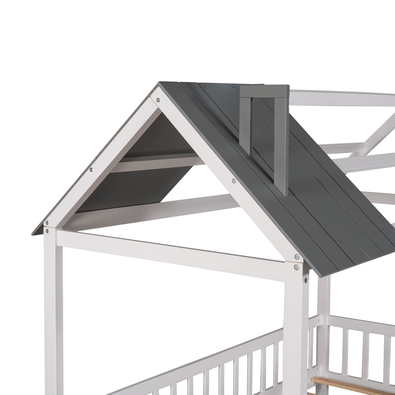 Lit taille maison en bois avec clôture,, Blanc / Gris