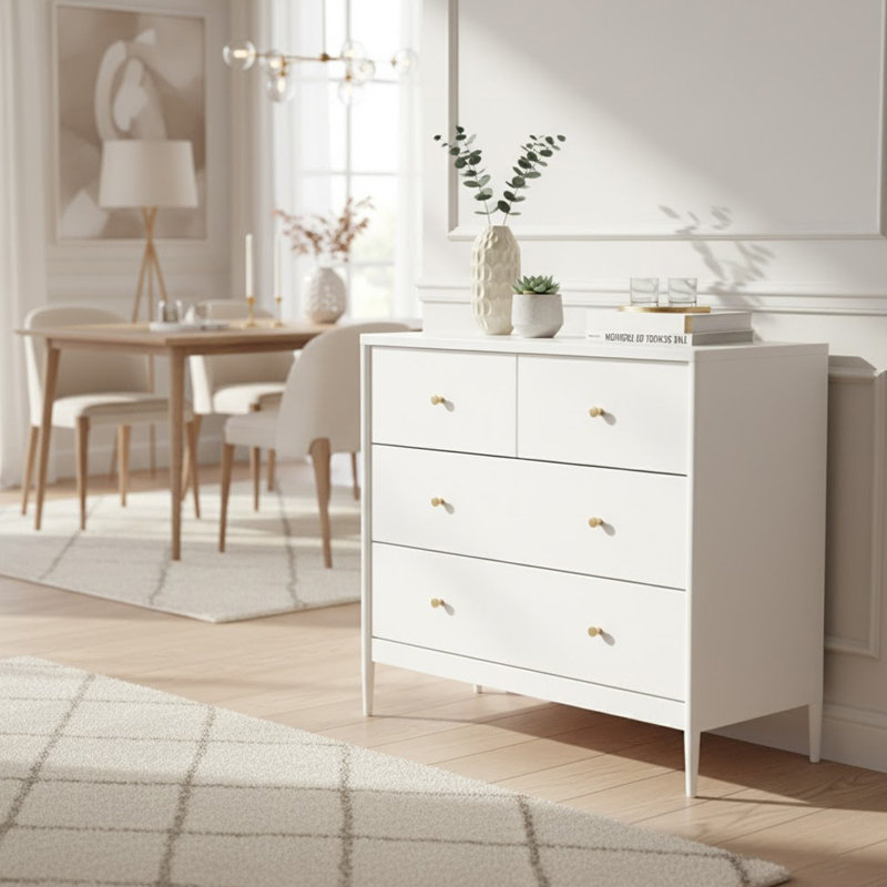 Table de chevet 4 tiroirs crème avec rangement, commode minimaliste moderne