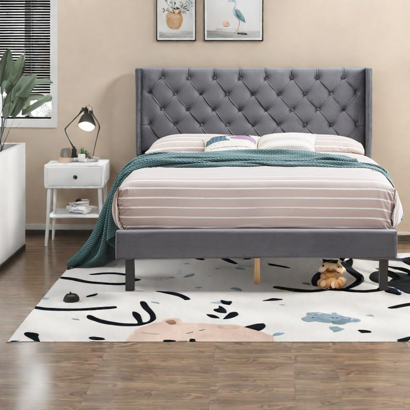 Lit tapissier moderne en velours, support en bois massif, grand lit pour la maison