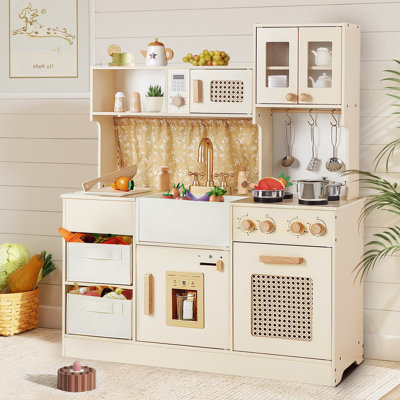 Kids Wooden Play Kitchen Set With Stove Sink And Ice Maker, Pretend Cooking Kitchen With Storage Bins And Accessories For Toddlers And Children