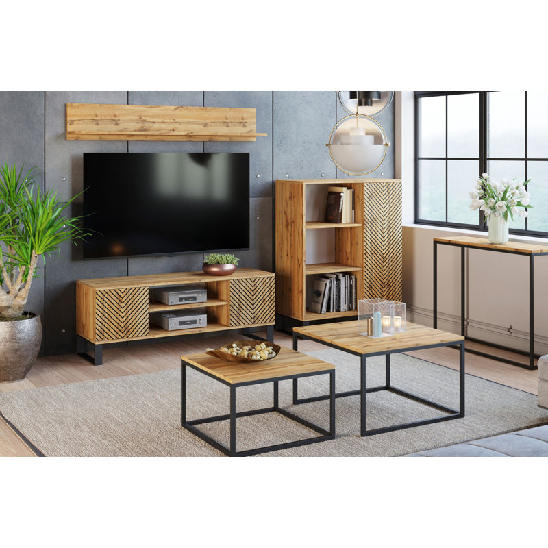 Focus loft RTV cabinet - herringbone decor - oak craft, 49cm H x 135cm L x 40cm D