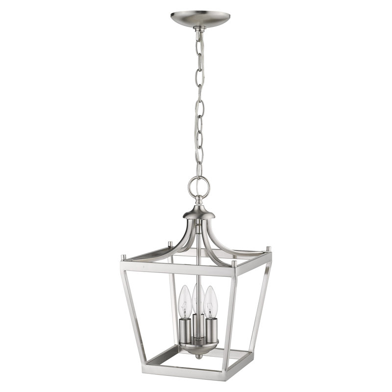 Luminaire suspendu géométrique 3 lumières lanterne Rancourt, Nickel satiné