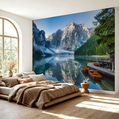 Wall Mural Peel and Stick Wallpaper Idyllic Alpine Lake Wooden Boats Majestic Mountain Reflection Self-Adhesive Removable Contact Paper Wall Decor for Living Room Bedroom 69"H x 96"W