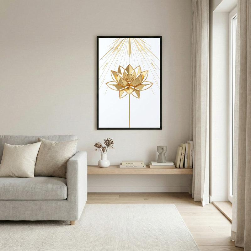 Toile noire encadrée en bois noir pour salon, chambre à coucher, bureau ou vestibule - décoration murale décorative avec lotus doré