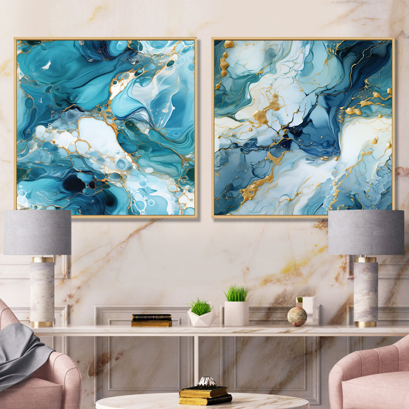 Hulstein - Ensemble de 2 décorations murales en marbre abstrait, Encadrement brun, H 30 po x l 61 po x P 1 po