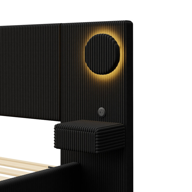 Grand lit plateforme tapissier grand avec lumières DEL circulaires, Queen, Black