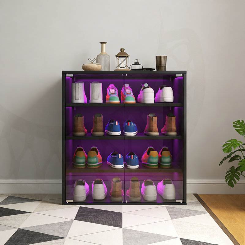 Stackable Wooden Shoe Display Case With RGB LED Lights And Glass Door For Sneaker Organization And Showcase., Black