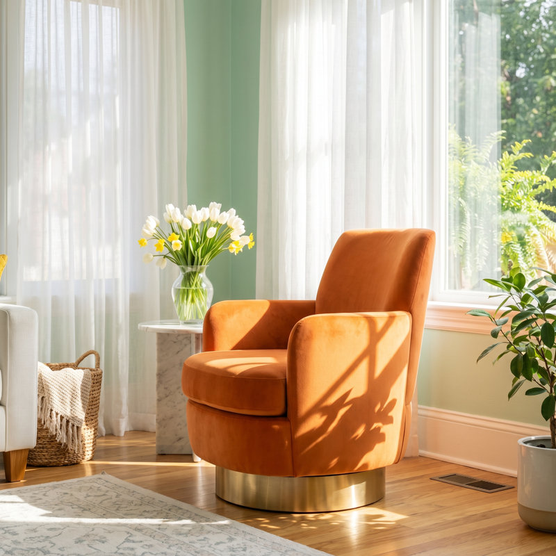 Fauteuil demi-tonneau pivotant en velours pivotant à 360 degrés Aurelia, Orange