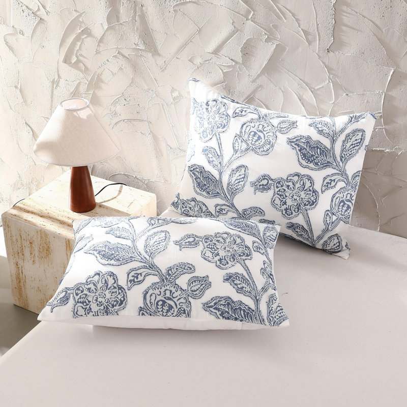 Cotton Clipped Jacquard Jacobean Floral Duvet Cover Set, Blue, King Duvet Cover + 2 King Shams