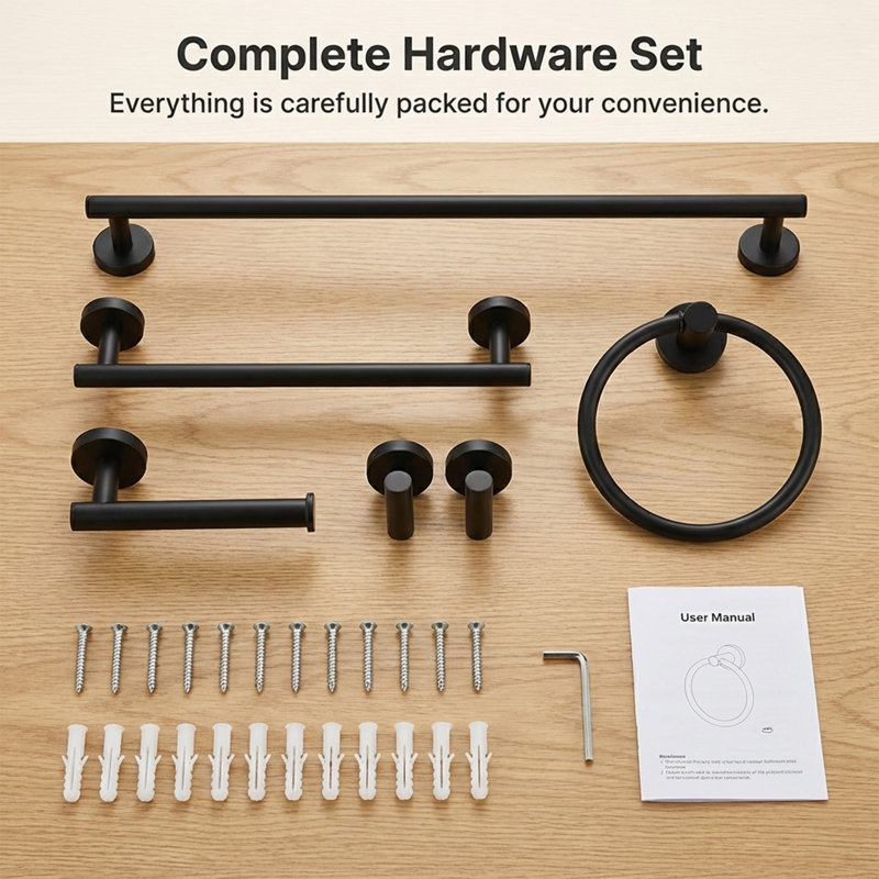 6-Piece Bathroom Hardware Set in Matte Black, Matte Black