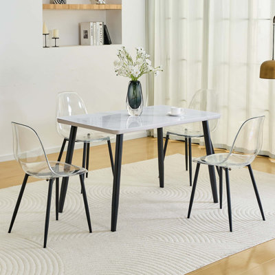 5PCS Table And Chair Set. Marble Texture Glass Countertop+Lower MDF Board Dining Table Paired With 4 Transparent Plastic Chairs