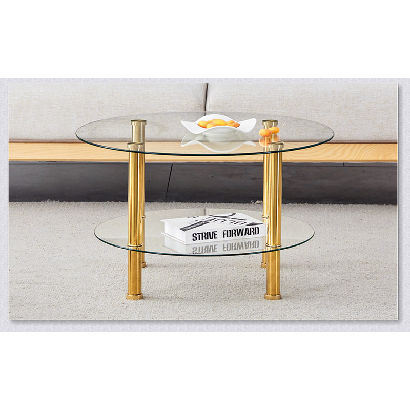Table basse contemporaine en verre trempé à double couche avec plateau renforcé et pieds plaqués en acier inoxydable contemporain, parfait pour les intérieurs modernes
