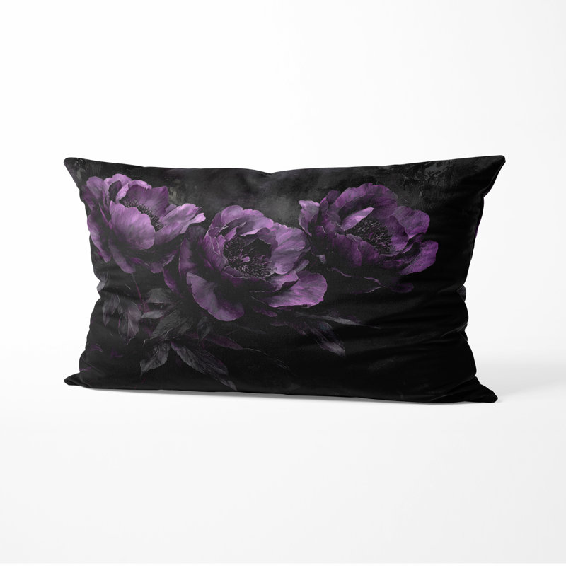 Coussin décoratif imprimé pivoines violettes et noires Midnight Bloom -, H 12 po x l 20 po