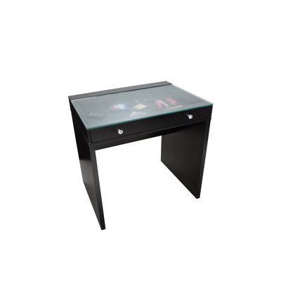 Mini coiffeuse Slay Station avec plateau en verre transparent, bureau de maquillage avec tiroir à fermeture en douceur et boutons de style diamant