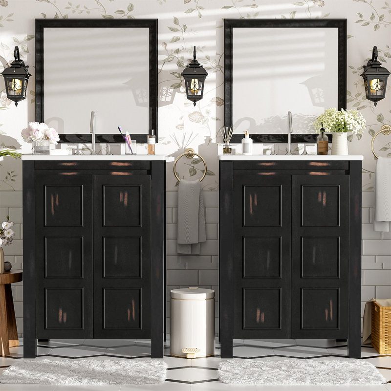 Ensemble de meuble-lavabo 48 po avec lavabos doubles, lavabos doubles en céramique, tablette de rangement et portes à fermeture en douceur 48 po