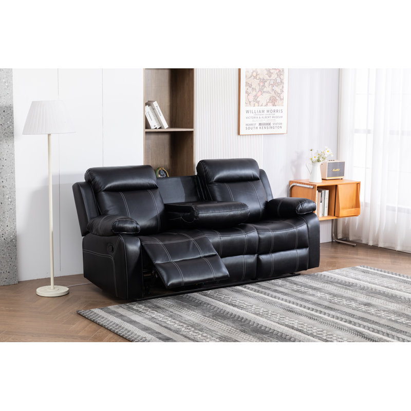 Djerf 80'' Faux Leather Reclining Sofa, Black Faux Leather