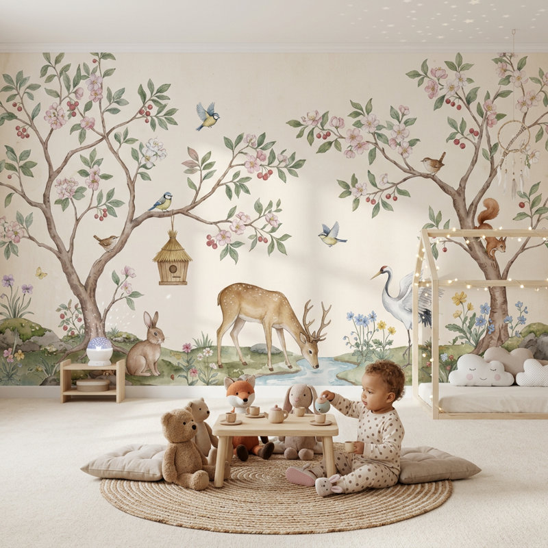 Papier peint paysage aquatique Woodland Blossoming Trees, 120 po x 96 po, Peler et coller