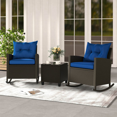 3 PCS Patio Wicker Rocking Set with Tempered Glass Table & Soft Cushions Outdoor by Winston Porter