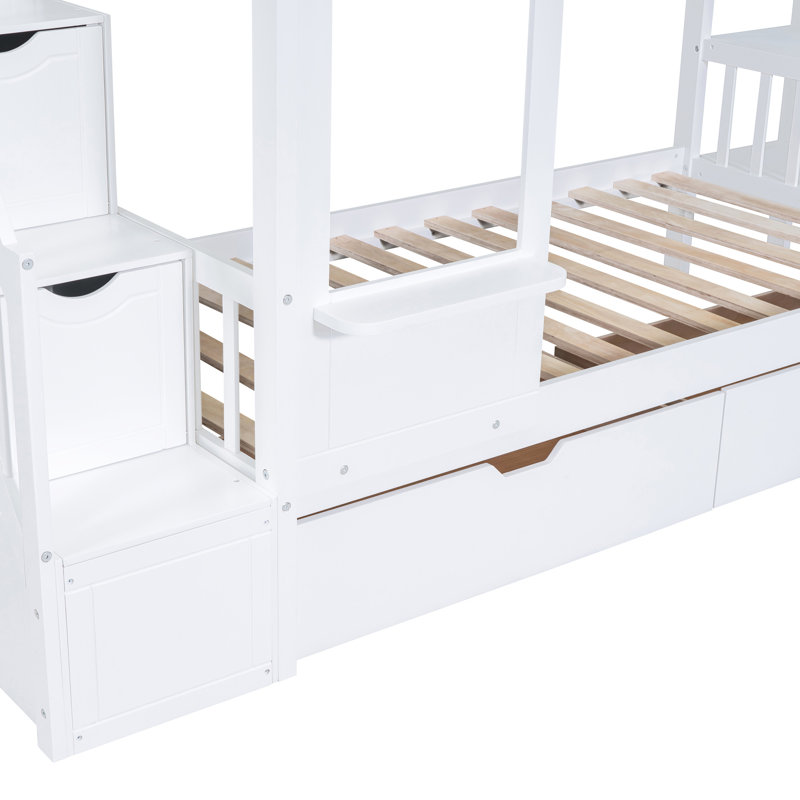 Lit superposé blanc Twintwin avec style, glissade, tiroirs, tablettes, matériaux en bois de pin de haute qualité