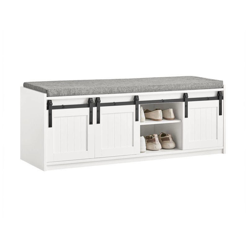 White Rustic Style Storage Bench with Sliding Barn Doors and Padded Seat Cushion