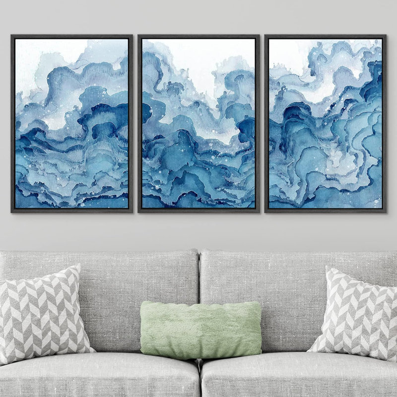 «Smoke Effect Pastel Watercolor Mountain Range», ensemble de 3 reproductions sur toile flottantes, Cadre noir