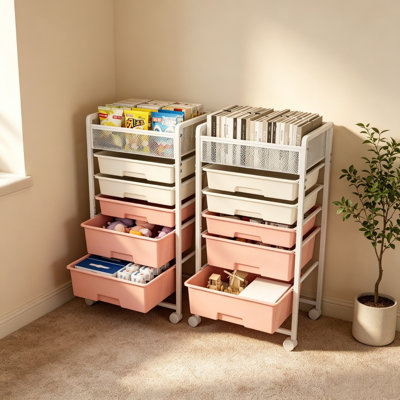 Metal Rolling Cart with Wheels, Rolling Storage Cart with 5 Large Drawers, Utility Cart with Metal Mesh Top(Set of 2)