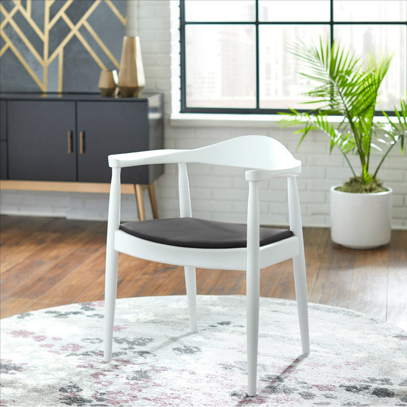 Hashimoto Solid Real Wood Open Back Pu Leather Seat Dining Arm Chair, White Wood