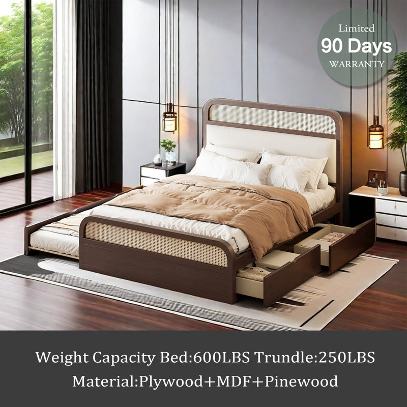 Grand lit plateforme en bois avec lit gigogne et 2 tiroirs, Espresso