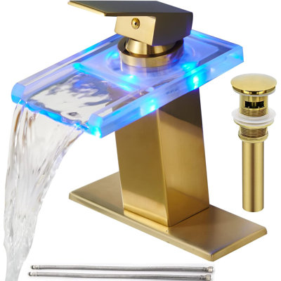 LED Bathroom Sink Faucet, Waterfall Single Handle Vanity Faucets for Sinks 1 or 3 Holes with Metal Pop Up Drain and 2 Water Supply Lines, Open Glass Spout