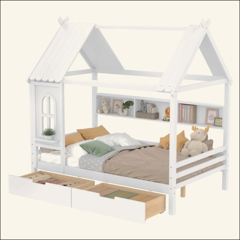 Lits avec tiroirs de rangement et fenêtre, structure de lit plateforme en bois massif avec tablettes, pour enfants, sans sommier et conception enfantine