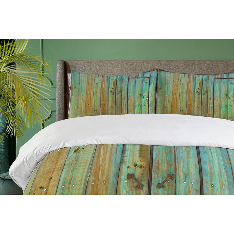 Queen Rustic Brown and Mint Wooden Duvet Cover Set