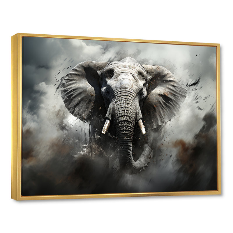 «Elephant Symphony Stampede I» sur toile, H 34 po x l 44 po x P 1,5 po, Cadre flottant doré