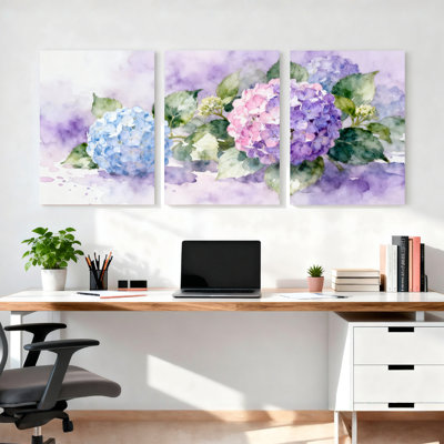 Watercolor Hydrangea Floral Canvas Wrapped Wall Art, Set of 3 Panels, Soft Purple and Blue Flowers with Green Leaves, Ideal for Living Room, Bedroom, or Bathroom Decor