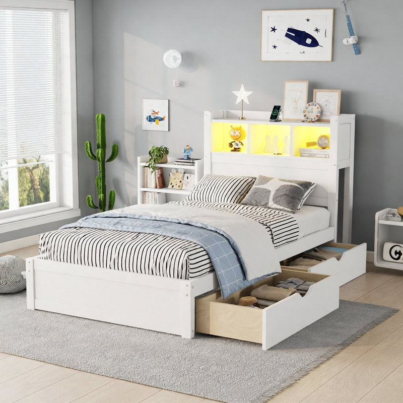 Lit simple avec tiroirs, lit simple en bois avec tête de rangement et armoire de rangement escamotable, lit en bois avec lumière et douille, blanc